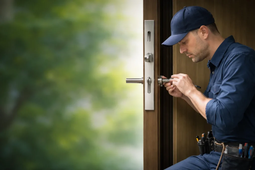 Cerrajero profesional abriendo una puerta sin daños con herramientas especializadas