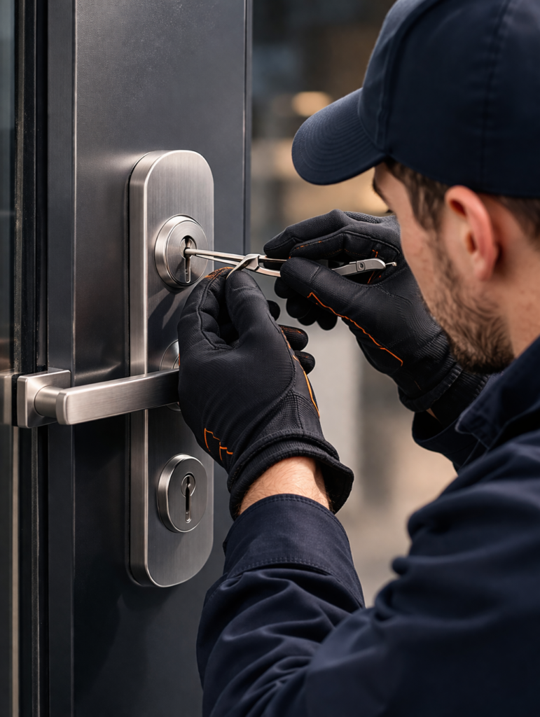 Cerrajero profesional abriendo cerradura de puerta sin daños en Huelva