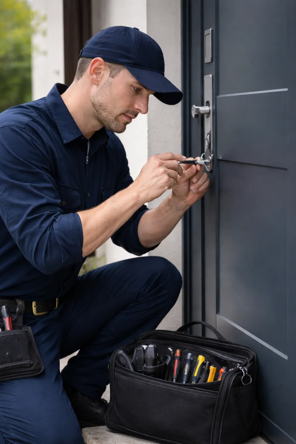 Cerrajero profesional abriendo una puerta con herramientas especializadas sin dañar la cerradura en Huelva