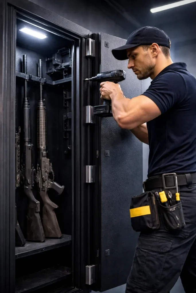 Técnico instalando armero homologado con herramientas profesionales y armas en interior