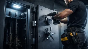 Instalación de armeros de seguridad con técnico utilizando herramientas eléctricas