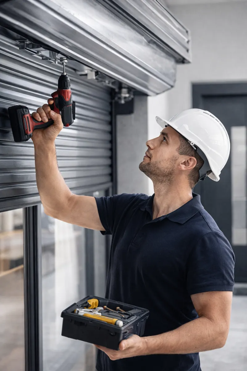 Técnico reparando persiana metálica con herramientas profesionales