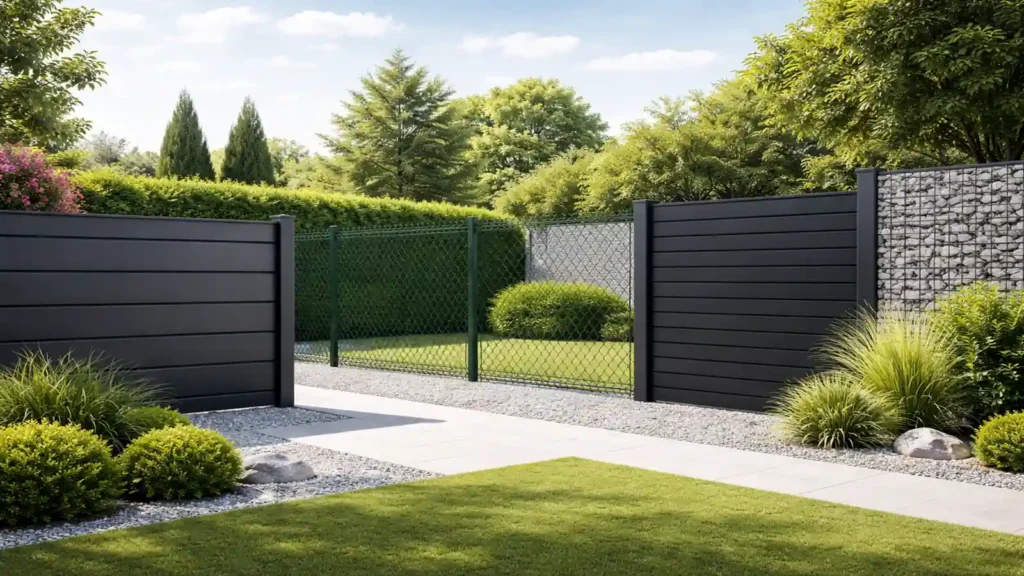 Rejas y vallas modernas en jardín residencial con diseño de cercado metálico