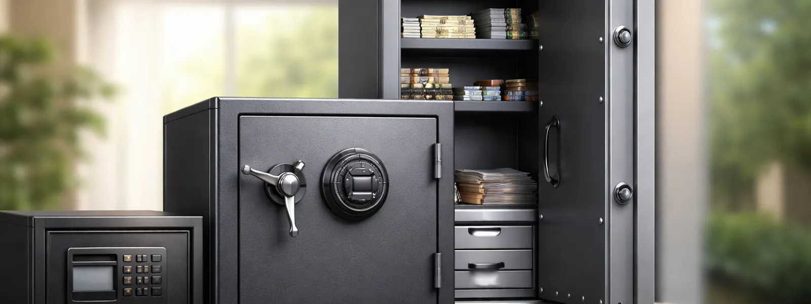 Cajas fuertes modernas abierta con dinero y documentos en interior, en entorno doméstico seguro