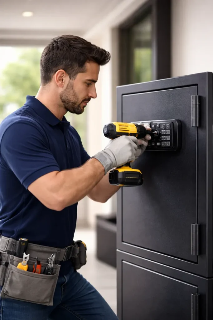 Cerrajero profesional instalando y reparando cajas fuertes de seguridad en vivienda