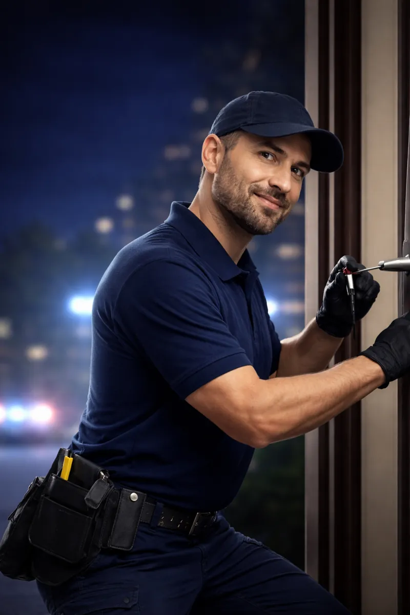 Cerrajero profesional abriendo una puerta con herramientas durante servicio urgente nocturno
