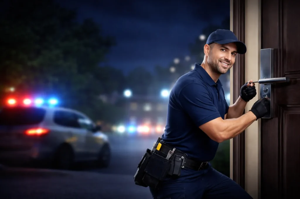 Cerrajero profesional abriendo una puerta de noche con vehículo de emergencia al fondo