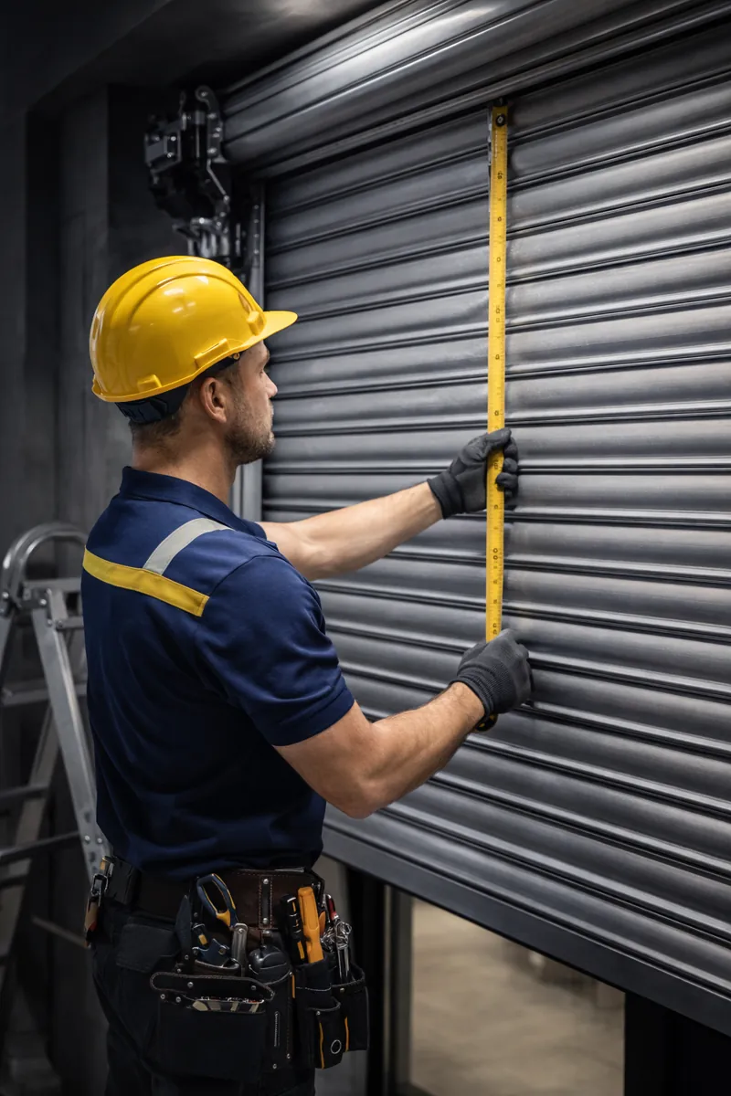 Técnico midiendo persiana metálica enrollable para instalación a medida