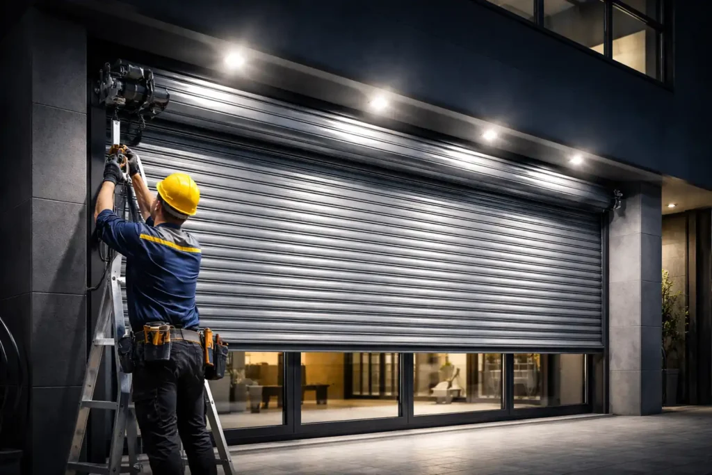 Instalación de persiana metálica enrollable en local comercial por técnico profesional