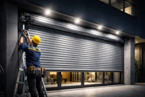 Instalación de persiana metálica enrollable en local comercial por técnico profesional