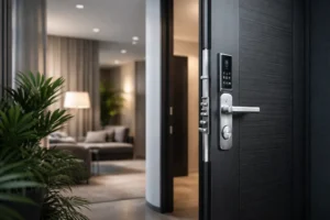 Puerta de seguridad moderna con cerradura electrónica en vivienda elegante
