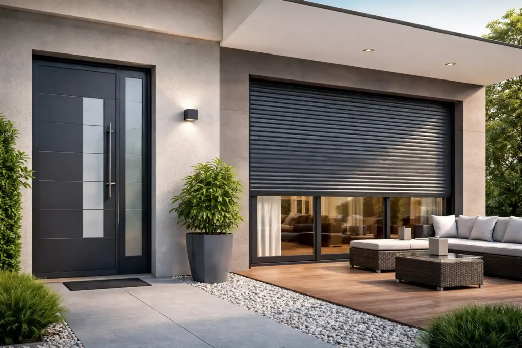 Puerta moderna de entrada y persiana metálica en vivienda contemporánea